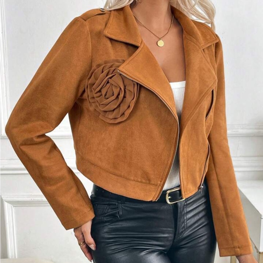 NWOT SIZE M Women's Tan Suede Jacket with Floral Detail
